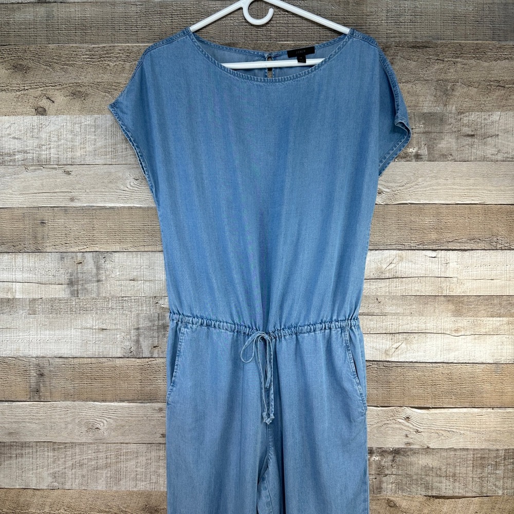 J.Crew Womens Blue Chambray Denim Jumpsuit Cap Sleeve Drawstring Waist XS‎